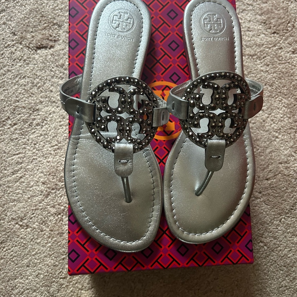 Tory Burch Metallic Silver Logo Thong Sandals